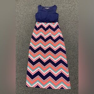Three Hearts Navy Top Chevron Maxi Dress with Coral, Teal, and Pink